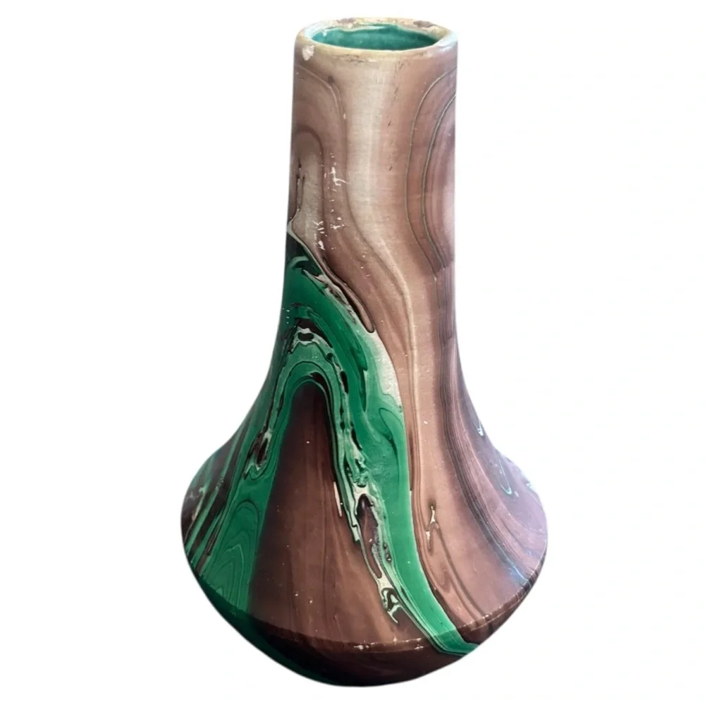 Royal Gorge Inspired Clay Pottery Vase Retro Style Green Brown 7” Made USA